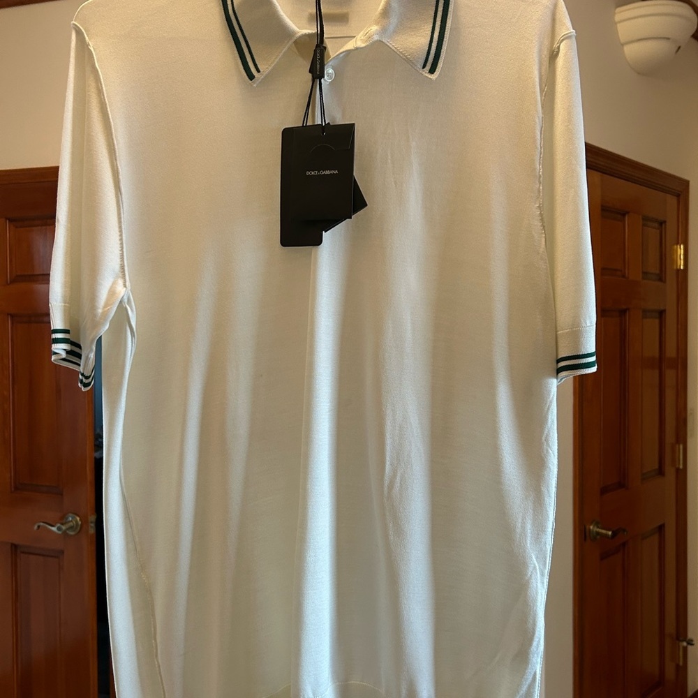 Dolce & Gabbana men's white silk polo shirt with green piping size 54